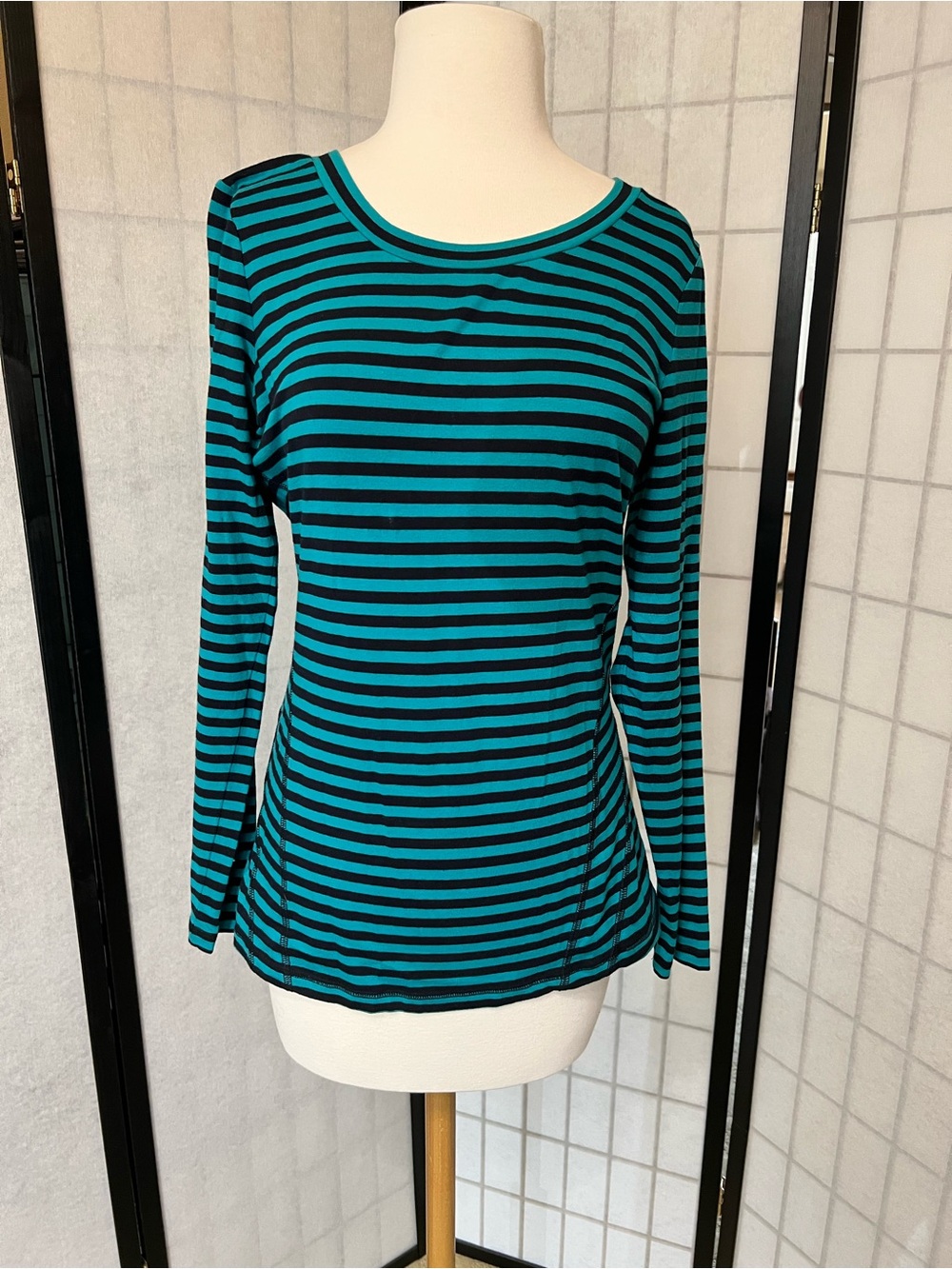 T by Talbots Teal and Black Striped Long-Sleeve Crewneck Top